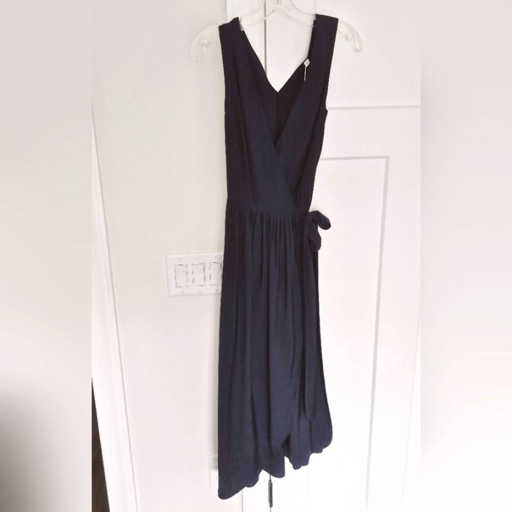 Vince Wrap Dress Navy Blue Sleeveless Pleated V- Neck Midi Size XXS NEW $425 - Picture 4 of 12